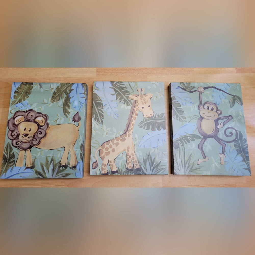 Animals art work, lion monkeys and giraffe 14 in h x 11in w